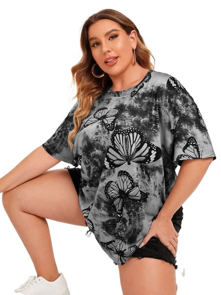 

plus butterfly print tie dye tee y5us#, Black