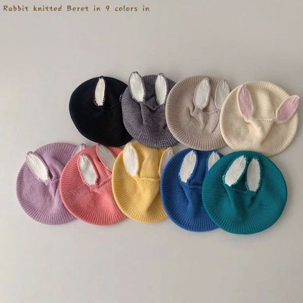 

rabbit ears kids beret hat candy color elastic infant baby beret autumn winter toddler girls hats children painter cap, Yellow