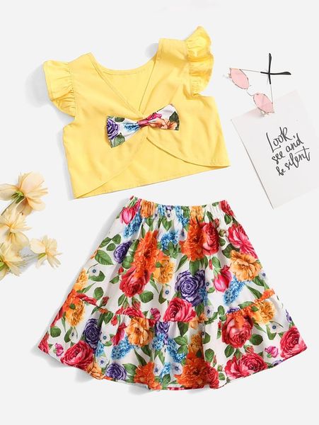 

toddler girls bow front ruffle trim & floral print skirt she, White