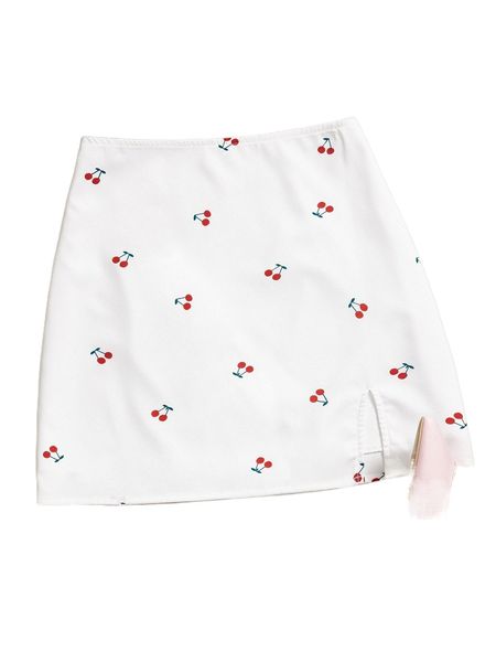 

cherry print split hem skirt t28d#, Black