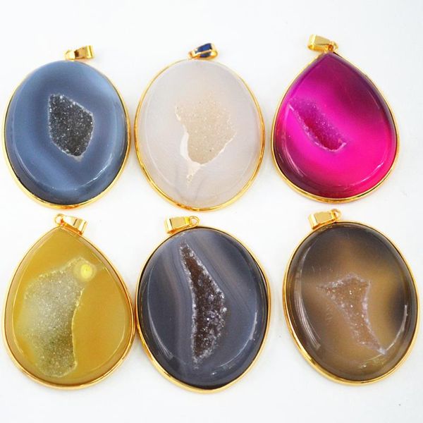 Colares pendentes Moda Drusy Blue Slice Carnelian Gold Natural Colar