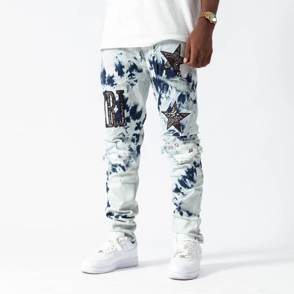 

men's jeans fashion hole men embroidery star hip hop denim straight trousers destroy holes streetwear pants joggers, Blue