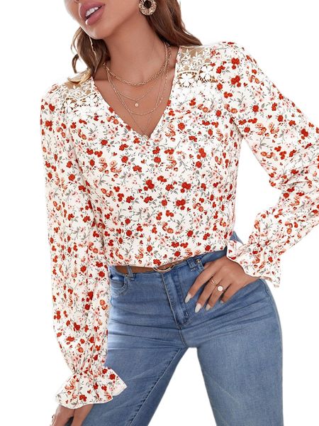 

ditsy floral contrast lace blouse u632#, White