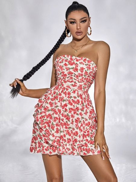 

sxy allover floral print ruffle detail ruched bodice tube dress h4fb#, Black;gray