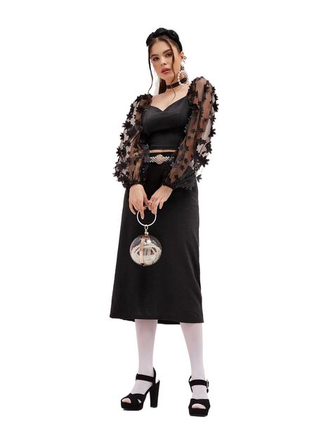 

appliques mesh lantern sleeve sweetheart neck crop & skirt without belt b28h#, White