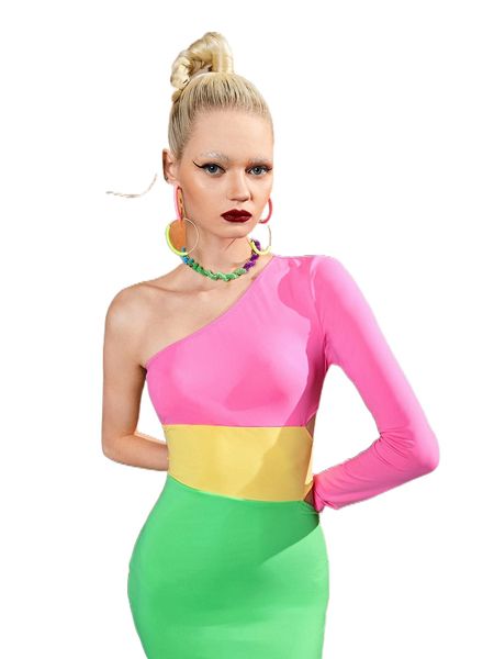 

one shoulder slit hem colorblock dress 29vi#, Black;gray