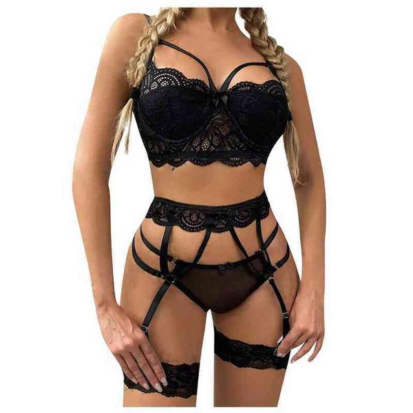 

nxy set women' solid color lace hollow see through underwear three piece suit garter thong lingerie 0211, Red;black