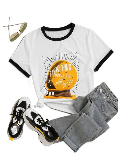 

slogan graphic contrast trim tee n1po#, White