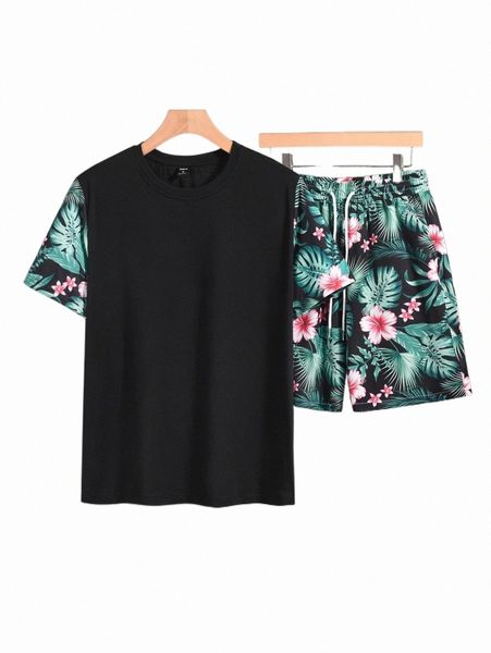 

men tropical print tee & drawstring waist shorts 27mg#, Gray