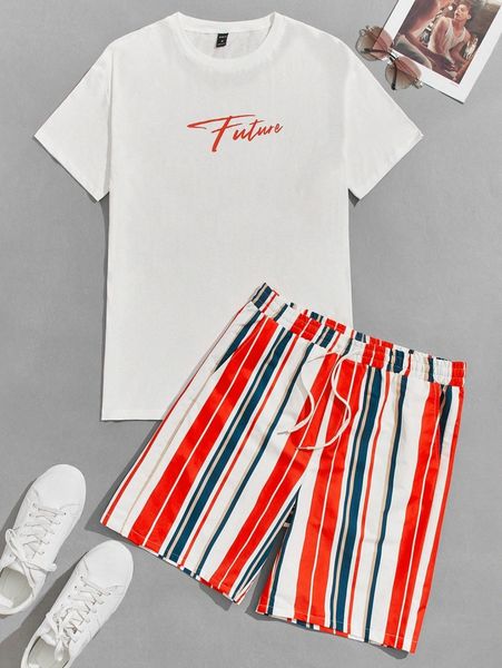 

men letter graphic tee & striped print drawstring waist shorts z9oq#, Gray