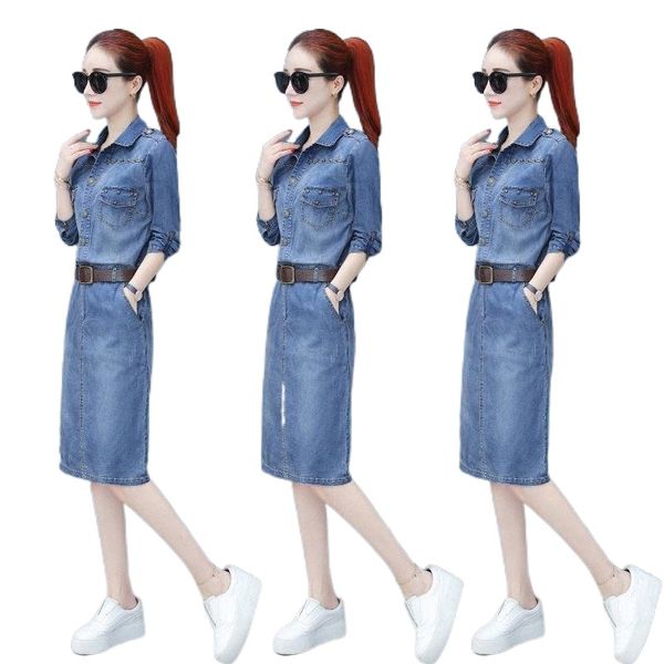 

casual dresses 2022 spring and fall denim blue rivet knee-length party dress women omighty plus size shirt bodycon club 22hs#, Black;gray