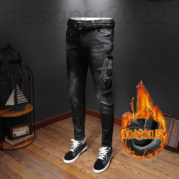

men's jeans designer winter men's fashion brand warm thin velvet washed embroidered jeans slim fit yvxr, Blue