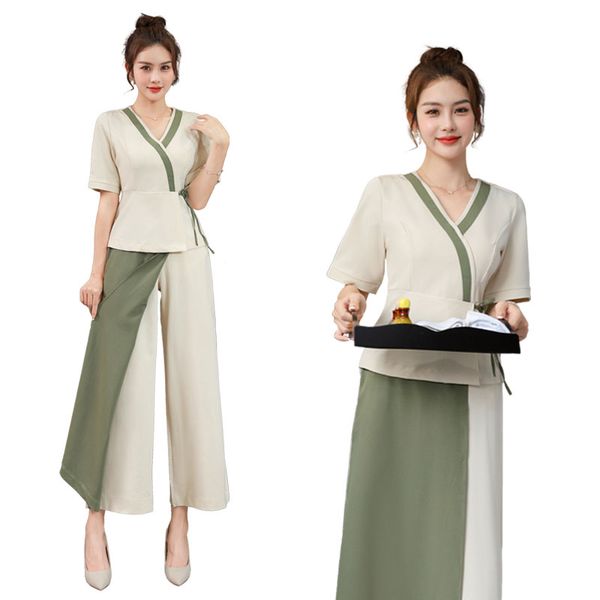 

summer women's two-piece pants classical costume ethnic style beautician dress thai massage workwear sets casual suits asian elegant cl, White