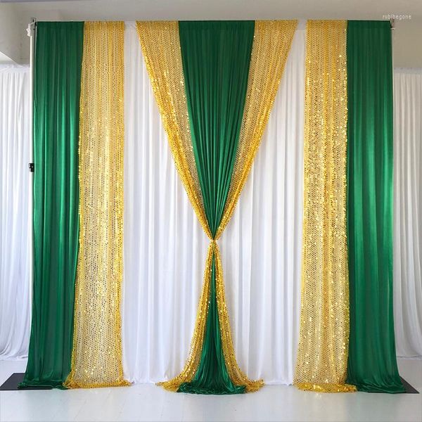 Party-Dekoration, 3 m H x 3 m B, weißer Vorhang, grüne Eisseide, drapiert, goldfarbene Pailletten-Hintergrund, Hochzeit, Geburtstag, Dekoration, Party