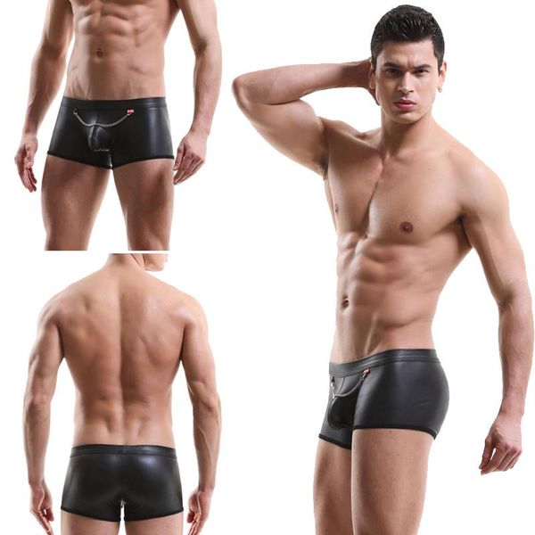 Mutande Intimo da uomo Ecopelle Angolo piatto Sexy U Convex Pouch Trasparente Tentazione Alternativa Mostra Hip LiftMutande