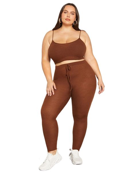 

evolu plus waffle knit crop cami & leggings set 68w6#, Black