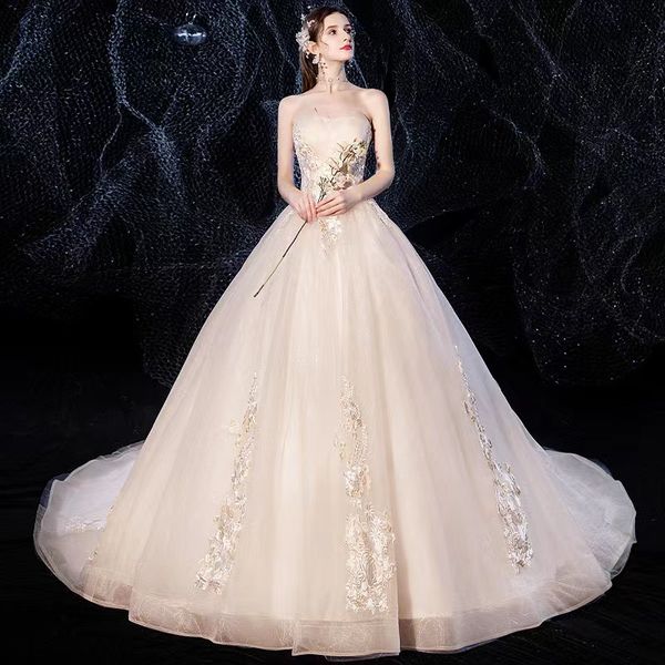 

champagne strapless wedding dress for women 2022 bridal ball gowns sweep train simple slim high waist dresses vestido de noiva, White