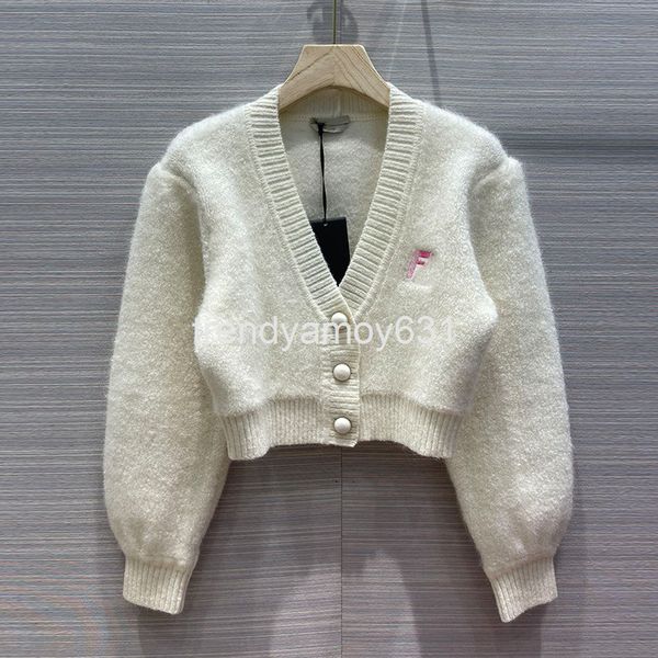 

women's knits & tees spring mohair bubble sleeve high waist sweater pocket contrast embroidery v-neck short cardigan, White