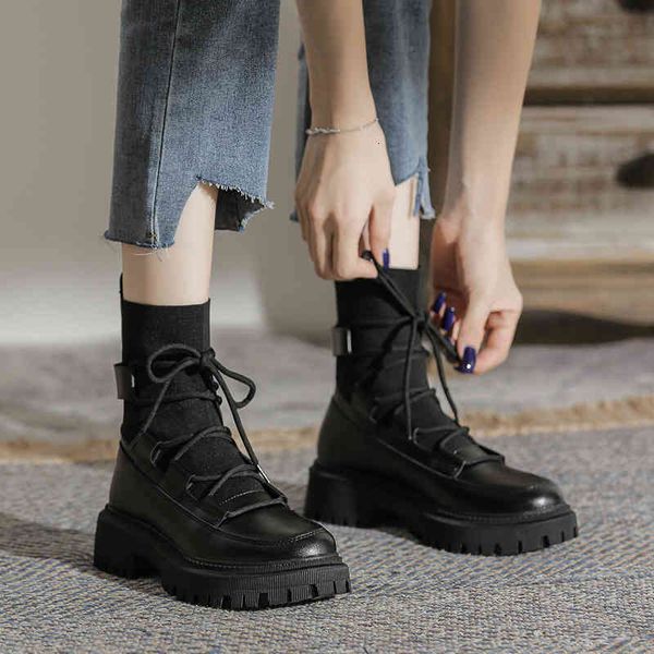 

boots slim leather knitted women's short boots lace up breathable motorcycle martin non slip increase versatile single autumn and 1liy, Black