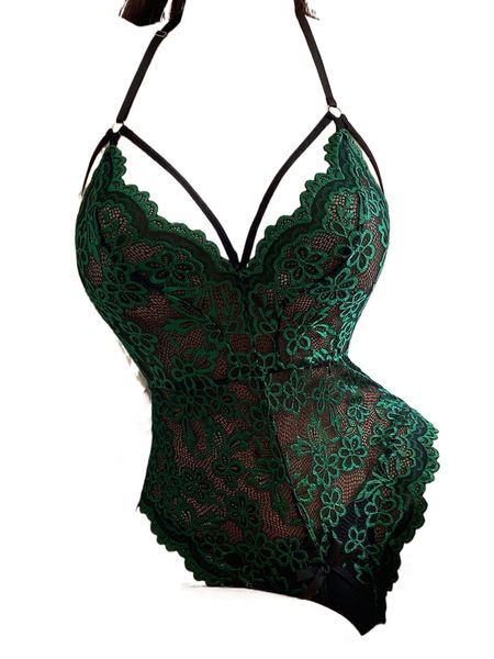 

floral lace harness crotchless teddy bodysuit e1er#, Black;red