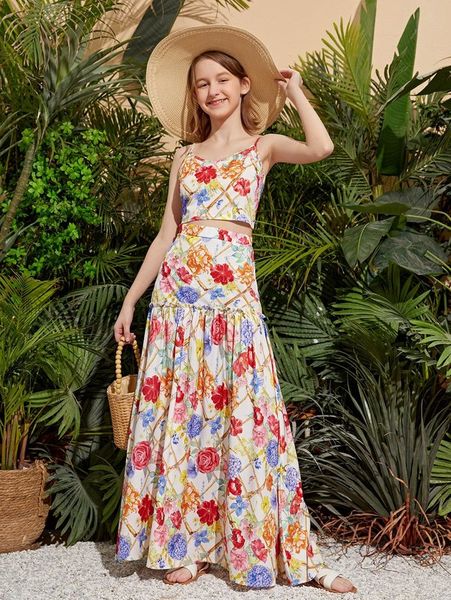 

teen girls floral print cami & frill trim pleated skirt she, White