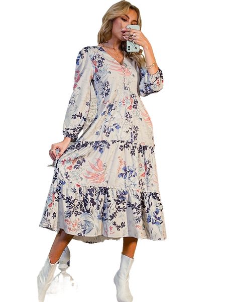 

plant print ruffle hem dress t5jn#, Black;gray