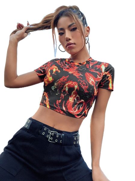 

chinese dragon print crop tee 07zw#, White
