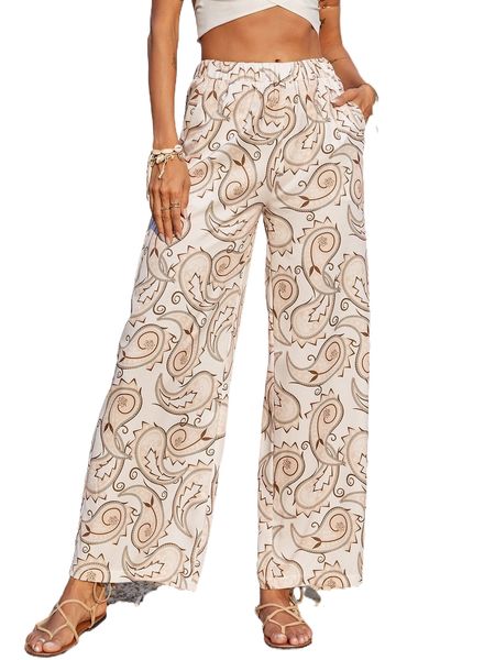 

allover paisley print wide leg pants d29q#, Black;white
