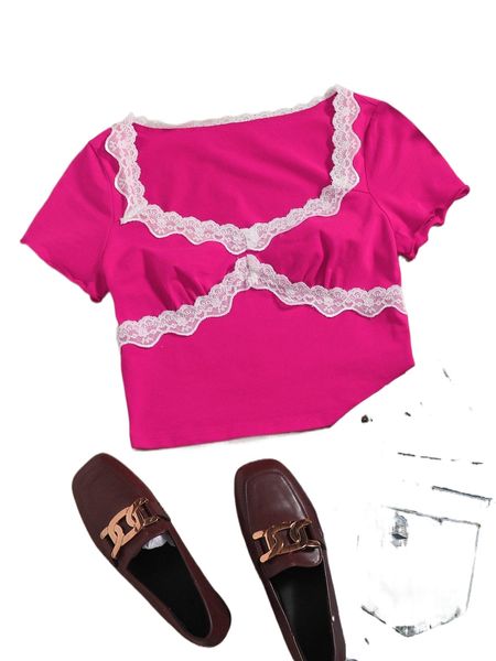 

sweetheart neck lace trim lettuce edge tee s3hk#, White