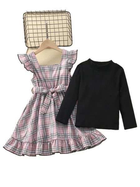 

toddler girls mock neck tee & plaid ruffle trim belted dress d4ur#, Black;white