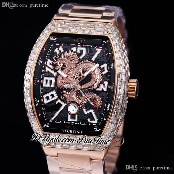 

vanguard v45 3d silver dragon king automatic mens watch rose gold baguette diamond bezel black dial white marker stainless steel bracelet wa, Slivery;brown