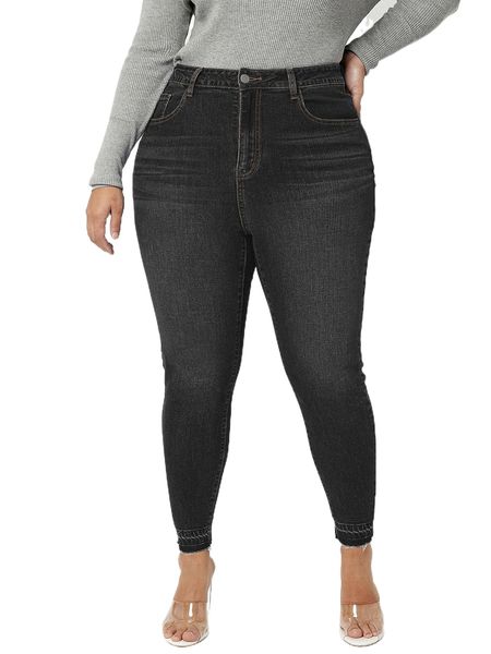 

plus high waist frayed hem skinny jeans i6va#, Blue
