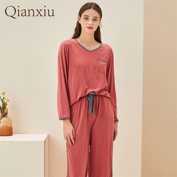 

women's winter autumn underwear bamboo fiber pajamas set v-neck robe pants home clothes long sleeve nightgown 220329, Black;red