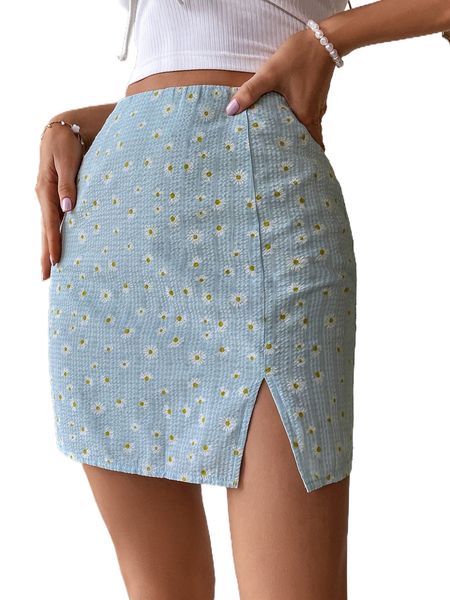 

daisy print high waist split hem skirt n5xl#, Black