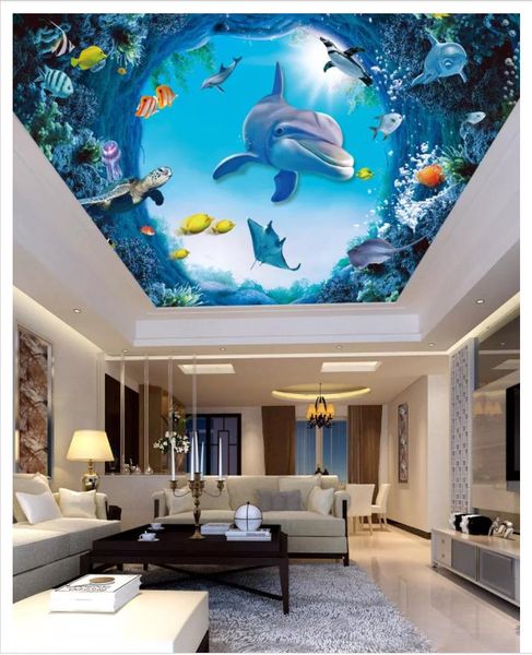Пользовательские шелковые фото -обои подводные дельфины для гостиной для гостиной спальня потолок потолок роспись папель де Парде