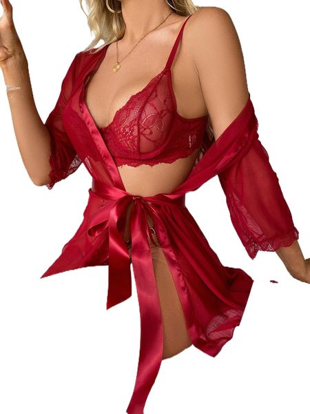 

4pack mesh contrast lace belted underwire lingerie set 54oq#, Black;red
