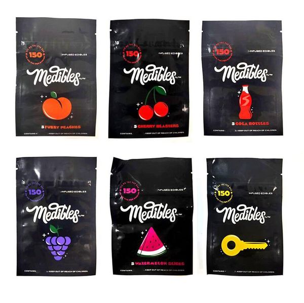 

black medibles mylar packaging bag 150mg edibles gummy bags child resistant zipper smell proof resealable sour packs