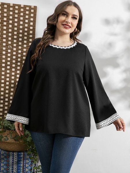 

plus guipure lace insert blouse h29z#, Black