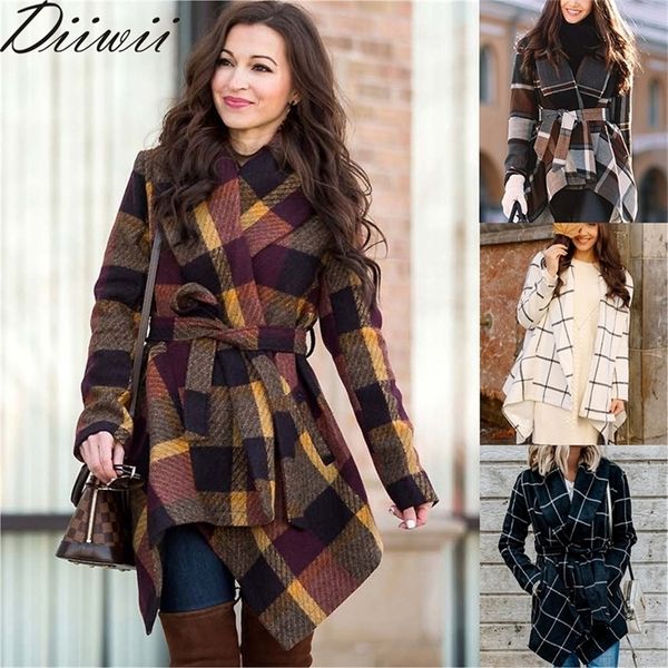 

autumn winter stylish and warm sashes trench women woolen plaid coats turn down collar medium long female jackets lj201106, Black