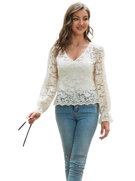 

v-neck flounce sleeve lace 26fa#, White
