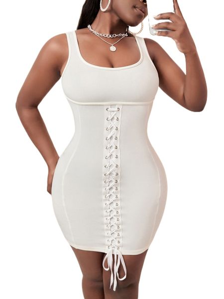 

sxy solid lace up bodycon dress d8lz#, Black;gray