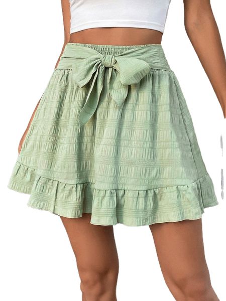 

tie front ruffle hem shirred skirt t0e4#, Black