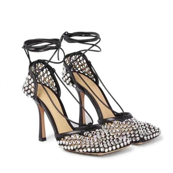 

autumn mesh diamond high heel sandals ladies open toe dress shoes236k, Black