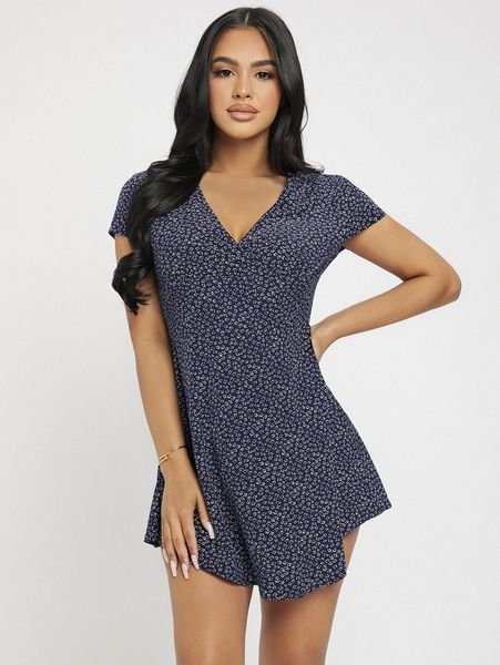 

petite ditsy floral print tunic dress v5po#, Black;gray