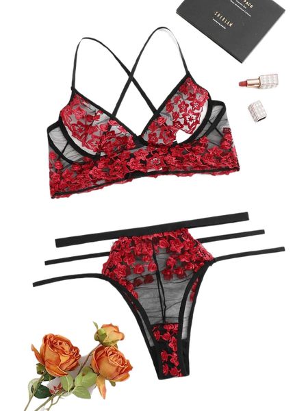 

plus embroidery sheer mesh lingerie set y7kl#, Black;white