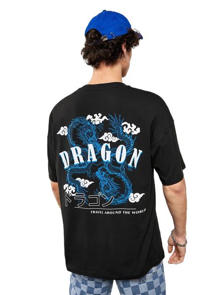 

men dragon & letter graphic tee p2ry#, White;black