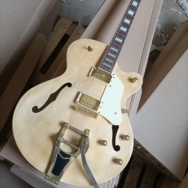 

6 string natural wood color semi-hollow electric guitar rosewood fretboard