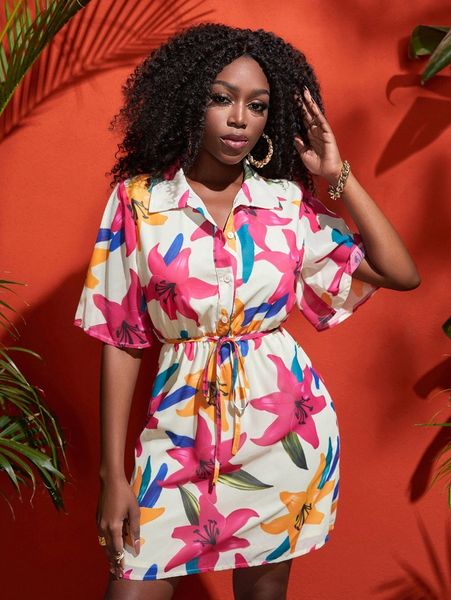 

sxy collared buttoned front self belted floral print shirt dress a7jz#, Black;gray