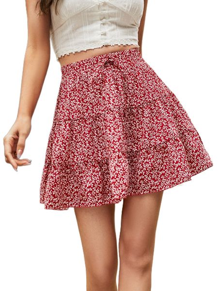 

allover plants print fake drawstring ruffle hem skirt j4bw#, Black