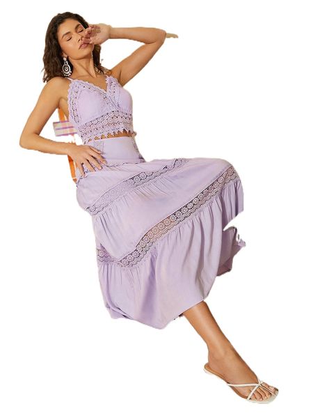 

high waist guipure lace panel ruffle hem skirt k3uv#, Black